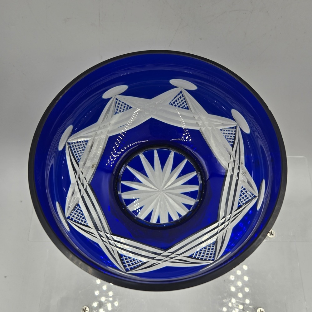 Bohemian Cobalt Blue Cut to Clear Crystal Footed Bowl Czech Candy Dish Starburst